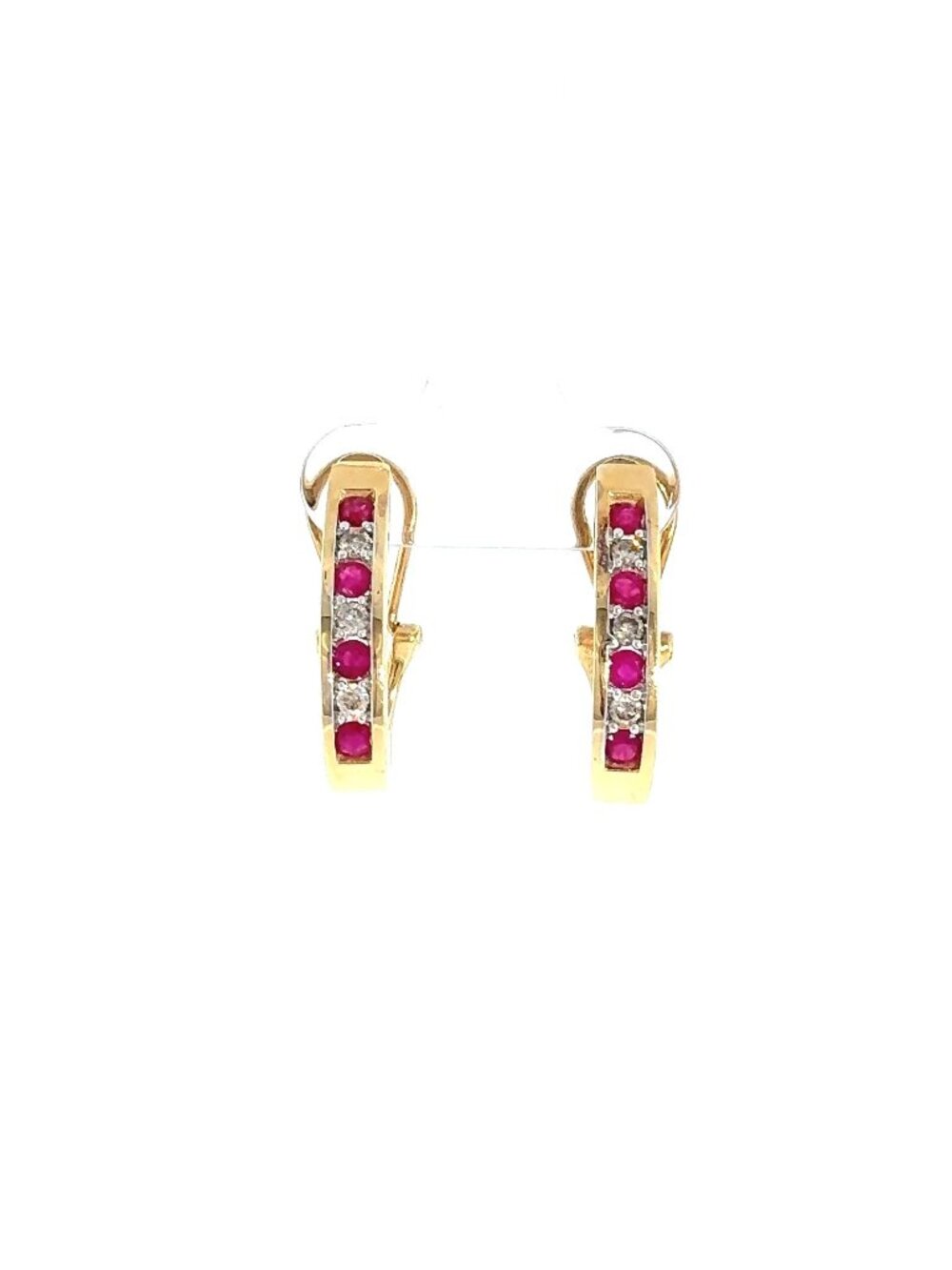 Solid 14K Gold Genuine Ruby & Diamond J-Hoops
